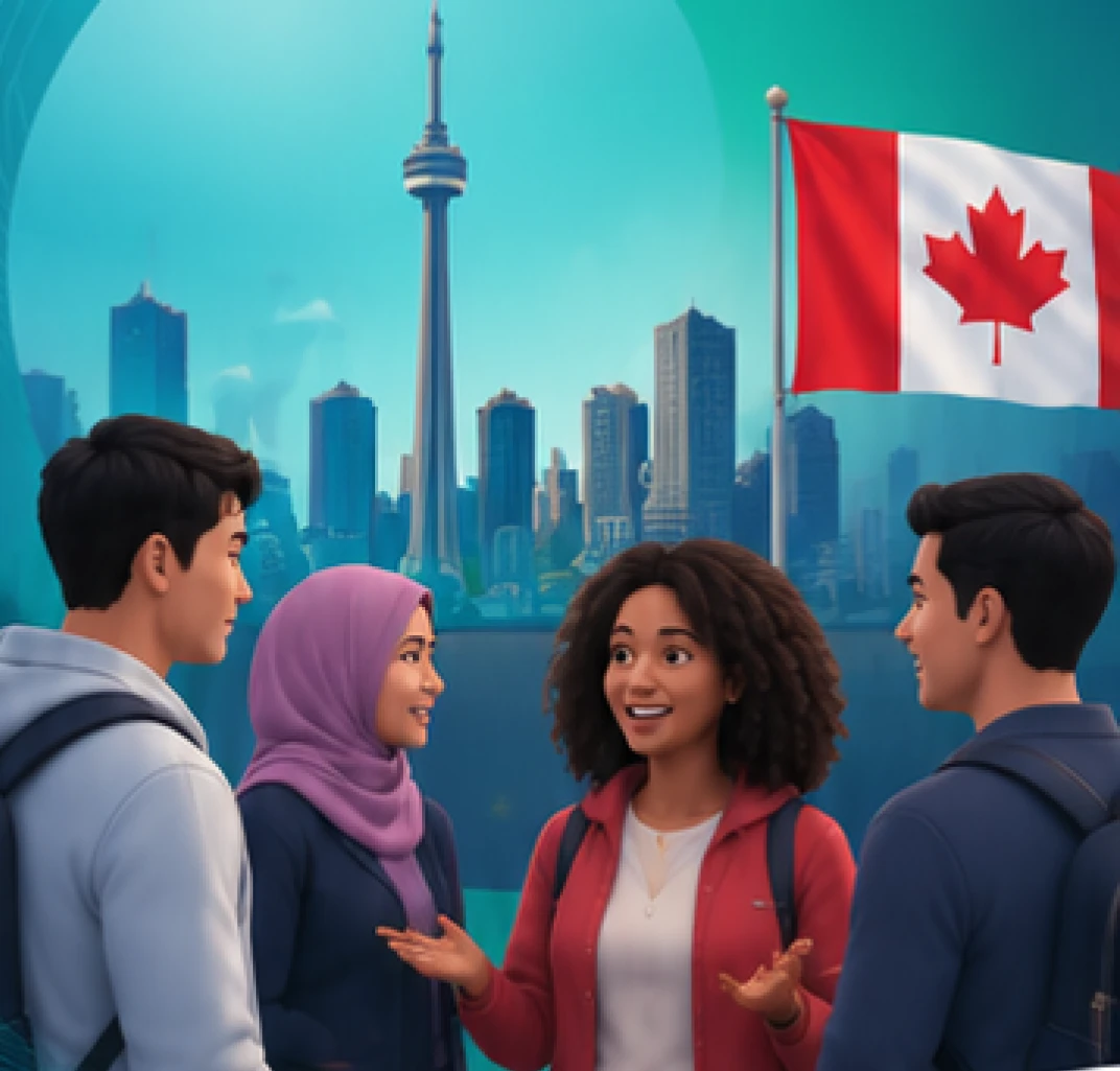 Illustration of newcomers meeting in a virtual Canadian environment